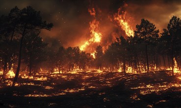 Raging fire spreading through a dense forest, flames climbing high into the treetops AI generated