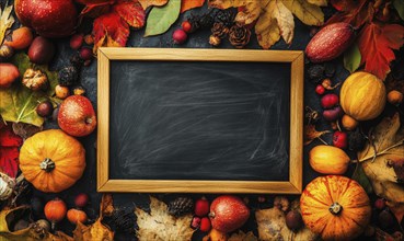 Chalkboard in the center of a countertop, decorated with autumn leaves AI generated