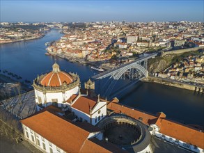 Aerial view of Serra do Pilar Monastery and Dom Luis Bridge in Porto at morning, Portugal, Europe