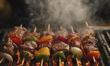 Skewers of colorful peppers and onions grilling over hot coals AI generated