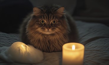 Close-up of a fluffy brown cat in a ghost costume AI generated