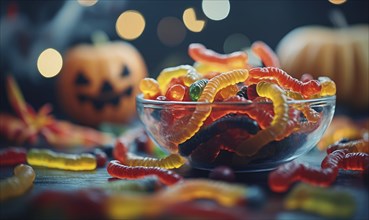 Close-up of gummy worms spilling out of a small candy bowl AI generated