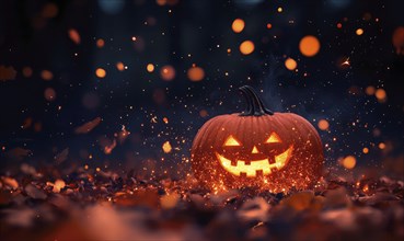 Glowing jack lantern on dark autumn background AI generated