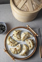 Food Photography, Gyoza Japanese korean dumplings on gray plate on the tabl. Top viewe