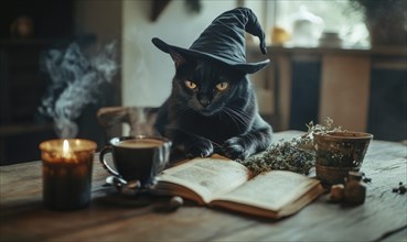 A black cat sits at a wooden table, wearing a witches hat, with a steaming cup of coffee in front