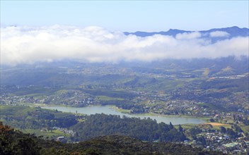 Aerial view on Nuwara Eliya, Gregory lake and clouds over, Sri Lanka, Asia