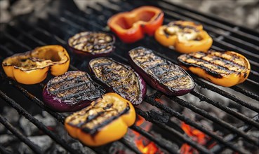 Thick slices of eggplant and peppers grilling over the hot coals AI generated