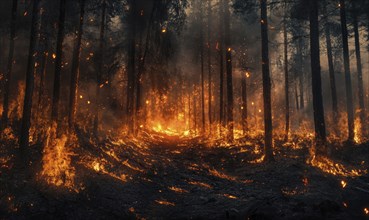 Flames engulfing trees in a forest, the fire spreading rapidly through the dry underbrush AI