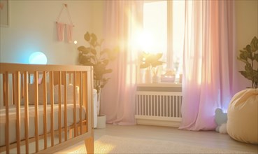 Wooden crib in a light yellow nursery, glowing blue and pink lights AI generated