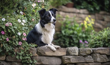 Collie sitting beside a stone wall in the countryside AI generated