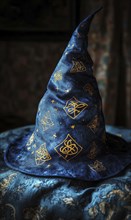 A dark blue wizard hat, embroidered with golden runes AI generated