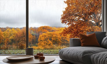 Cozy living room, wide window, view of rainy autumn landscape AI generated