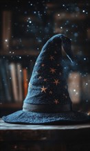 A dark blue wizard hat, embroidered with stars AI generated