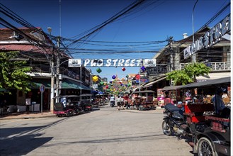 Pub street tourist bar and restaurant area of siem reap city near angkor wat in cambodia