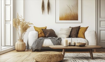 Scandinavian living room with white walls, wooden floor, autumn-themed cushions and candles on the