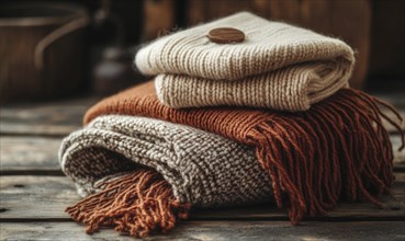 Vibrant knitted hats on a rustic wooden background AI generated