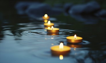 Multiple candles floating gently on a dark lake AI generated