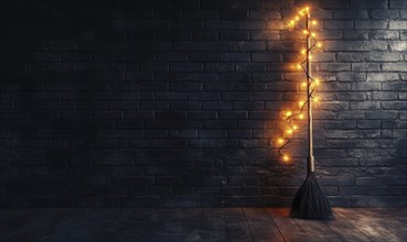 A minimalist witch's broom adorned with warm glowing garlands, against a simple brick wall AI