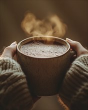 A person is holding a mug of coffee with a leaf design on it AI generated