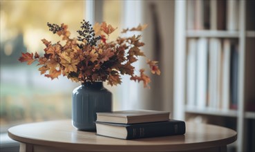 A table with a few books and a vase of colorful autumn foliage AI generated