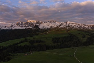 Panoramic view from the Seiser Alm to the Dolomites in Italy, drone shot