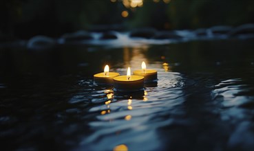 Cluster of candles drifting softly on a dark river, soft golden light glowing on the water surface