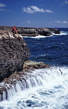 Woman watching surf on the coast, Netherlands Antilles, Bonaire, Caribbean, Caribbean Sea,