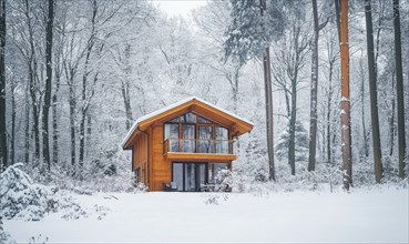 A small wooden cabin is surrounded by snow and trees. The cabin is cozy and warm, with a large