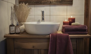 Simple bathroom with a white sink, wooden cabinet, autumn-colored towels, and candles on the