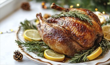 A roasted chicken with lemon slices and rosemary on top of a white plate. The dish looks delicious