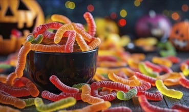 Close-up of gummy worms spilling out of a small candy bowl AI generated