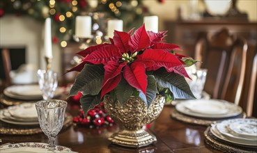 Festive table setting with a red poinsettia centerpiece, elegant glassware, and candles, creating a