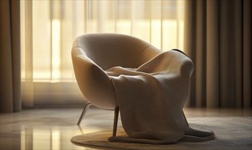 A chair with a blanket draped over it sits in front of a window. The chair is a large, round, tan