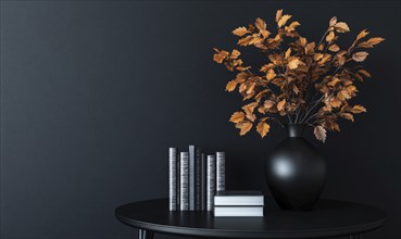 Sleek black table with a couple of books and a vase filled with autumn foliage AI generated