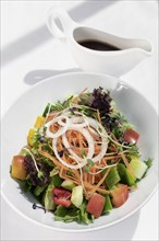 Fresh organic mixed vegetable vegan Garden Salad with Vinaigrette sauce on white table