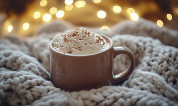 A mug of hot chocolate with whipped cream on top is sitting on a blanket. The scene is cozy and