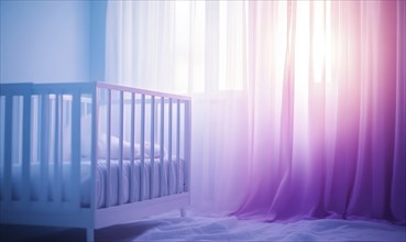 White crib in a nursery with lavender and pink decor, glowing purple and blue lights AI generated