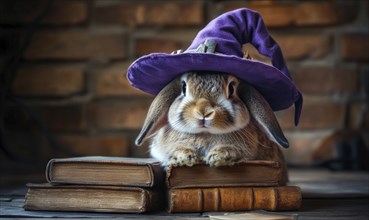 A spotted rabbit wearing a purple hat sitting near a stack of spell books AI generated