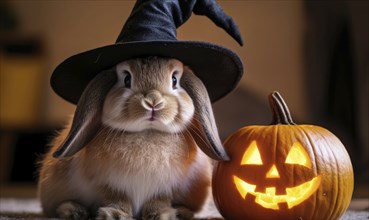 A fluffy rabbit with long ears, donning a black hat sitting next to a glowing pumpkin AI generated