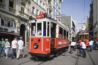 Historic tram in Istikal Caddesi shopping street, Istanbul, Turkey, Asia