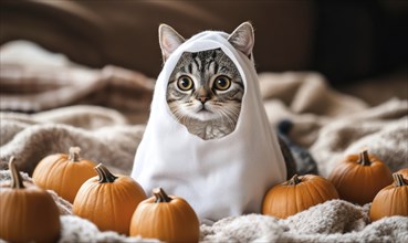 A gray tabby cat wearing a ghost costume sitting on a cozy blanket AI generated