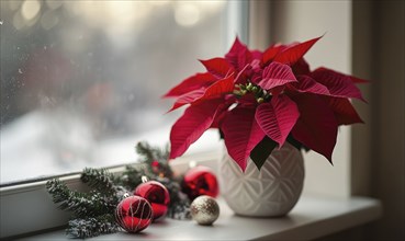 A red poinsettia plant sits on a windowsill next to a Christmas tree and a vase of red balls AI