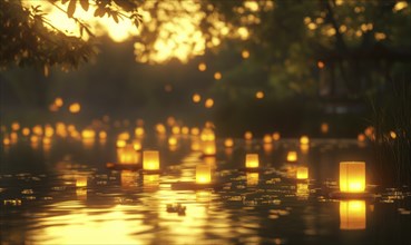 Cluster of glowing lanterns drifting on a still pond, soft golden light illuminating the scene AI