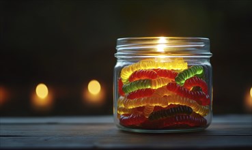 Clear glass jar filled with Halloween gummy worms AI generated