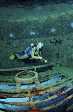 Diver explores Jacque Cousteau's Precontinent 2, Sudan, Africa, Red Sea, Shaab Rhumi, Africa