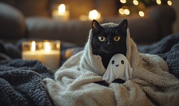 A black cat in a ghost costume AI generated