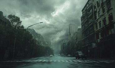 Thick clouds swirling ominously above a quiet city street AI generated