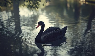 Black swan floating on a quiet river, soft ripples and shadows reflecting on the water AI generated