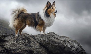 A Shetland Sheepdog standing proudly on a rocky outcrop AI generated