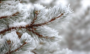 Close-up pine tree in snow, frosty morning, crisp winter air AI generated